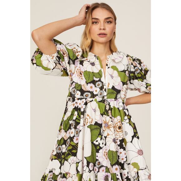 Maje Rafleur Floral Dress Ivory Green V-Neck Tiered Puff Sleeve Sz 42 EU / 10 US - Picture 2 of 16